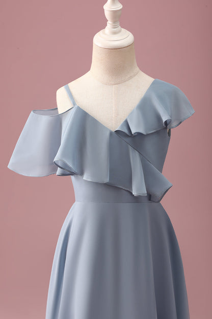 Grey Blue V-Neck A-Line Chiffon High Low Junior Bridesmaid Dress