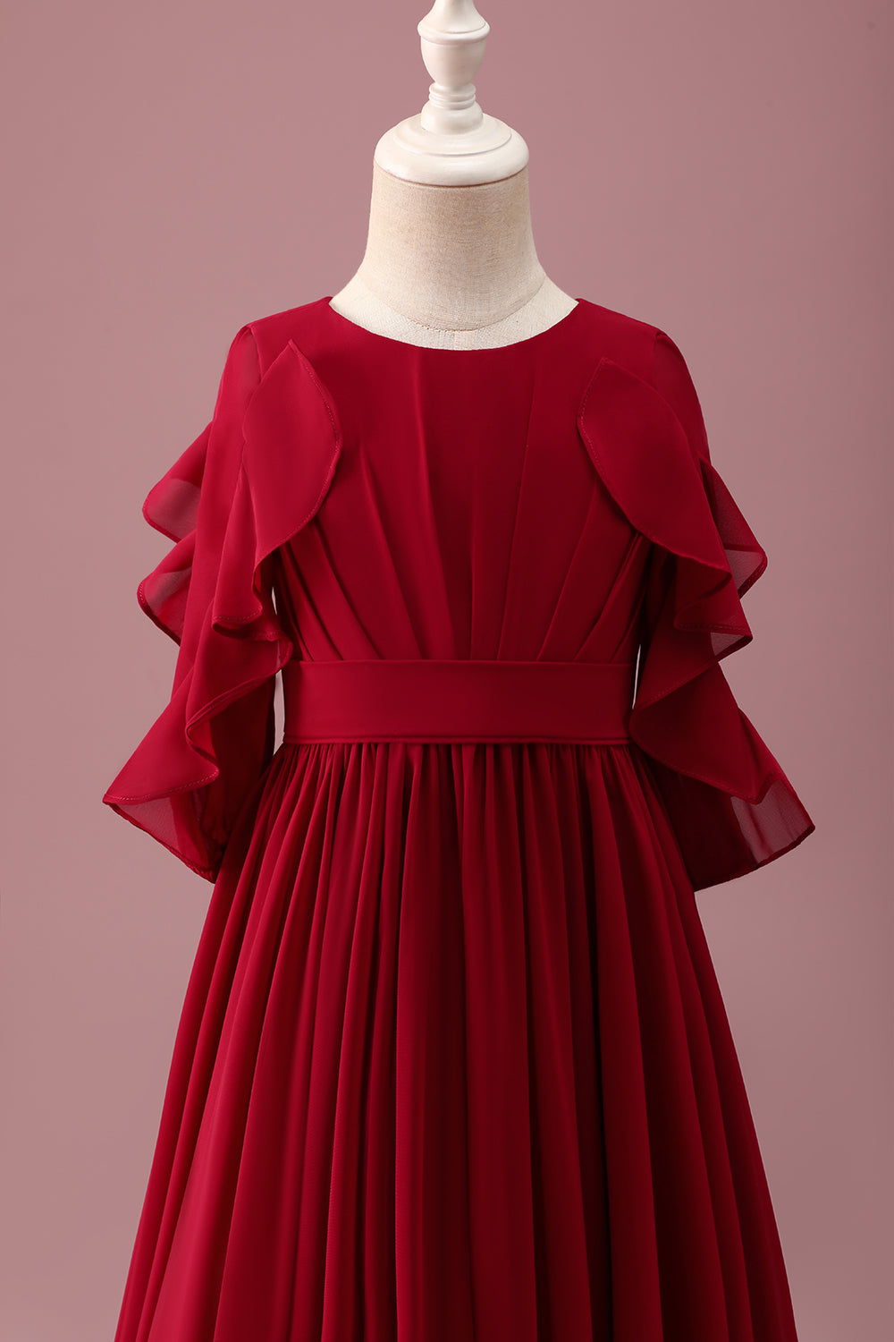 Burgundy A-Line Round Neck Chiffon Half Sleeves Long Junior Bridesmaid Dress