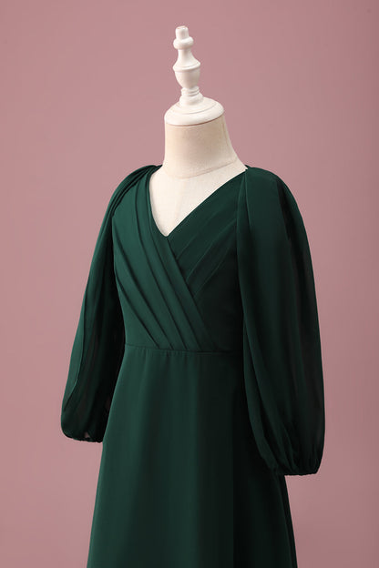 Pine Green A-Line V-Neck Chiffon Junior Bridesmaid Dress with Long Sleeves