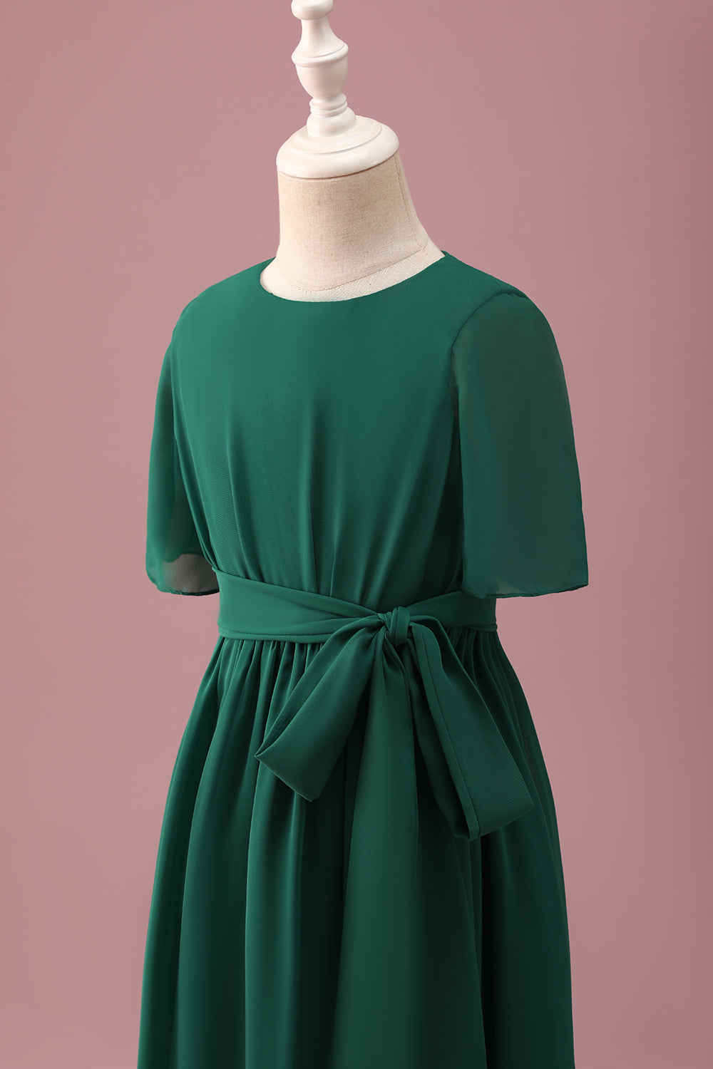 Dark Green A-Line Round Neck Chiffon High Low Junior Bridesmaid Dress