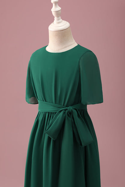 Dark Green A-Line Round Neck Chiffon High Low Junior Bridesmaid Dress