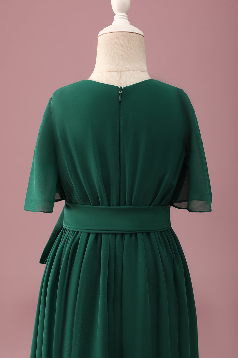 Dark Green A-Line Round Neck Chiffon High Low Junior Bridesmaid Dress