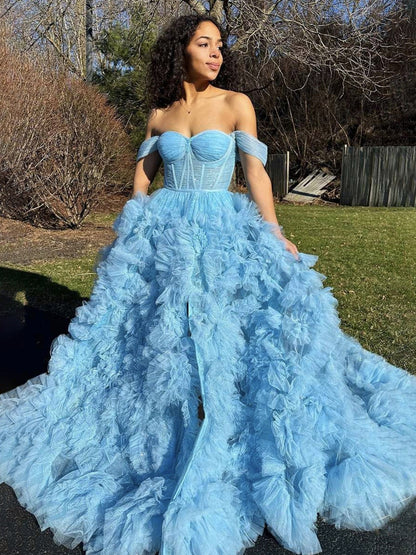 Kenia |A Line Off the Shoulder Ruffled Tulle Prom Dress with Slit