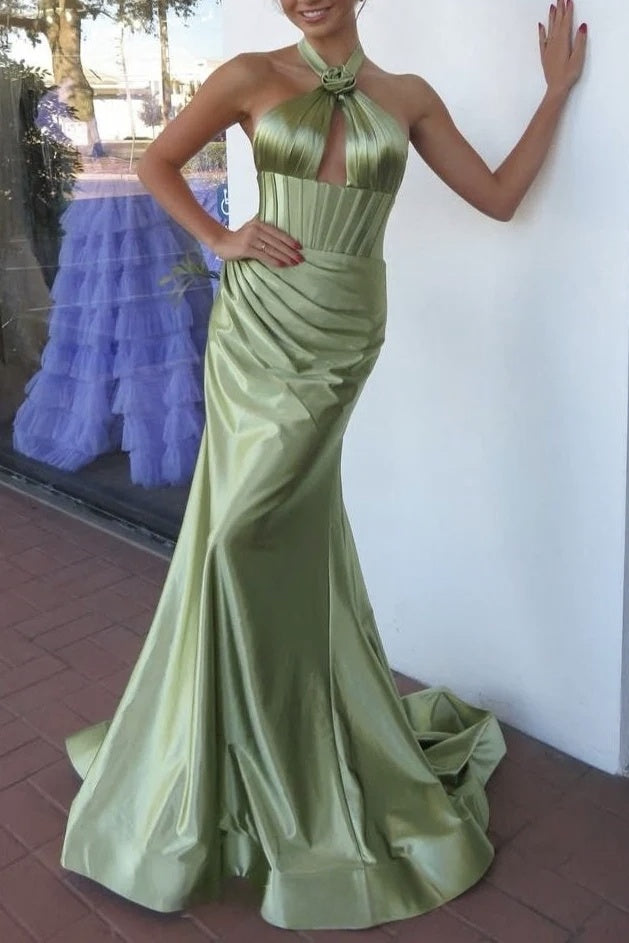 Lilo | Mermaid Sage Halter Corset Long Prom Dress with Rosette Embellishment