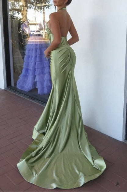 Lilo | Mermaid Sage Halter Corset Long Prom Dress with Rosette Embellishment