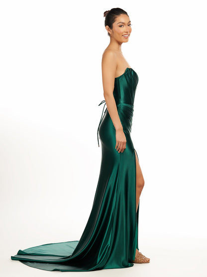 Serilda | Dark Green Strapless Sheath Satin Long Prom Dress With Split