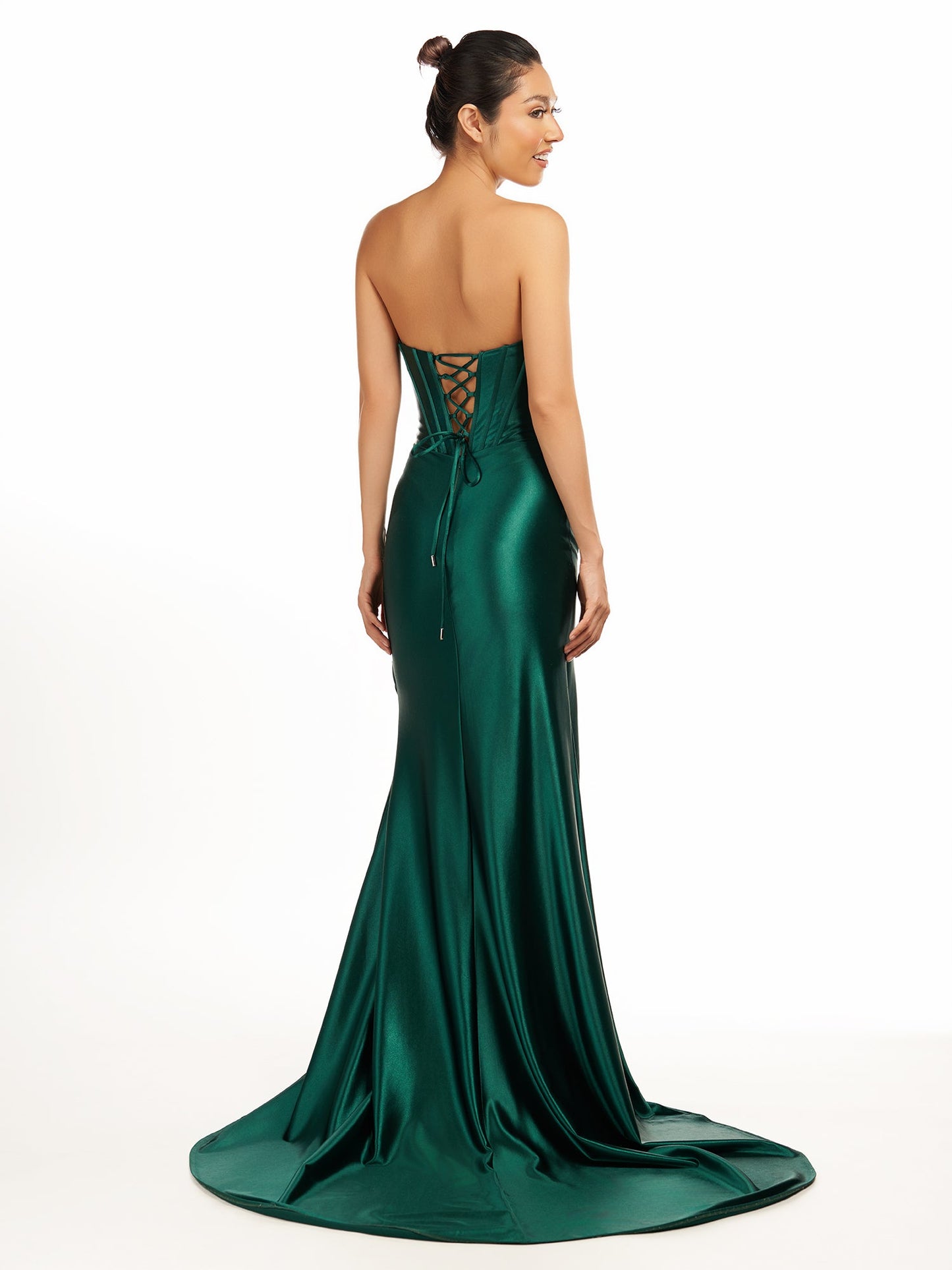 Serilda | Dark Green Strapless Sheath Satin Long Prom Dress With Split