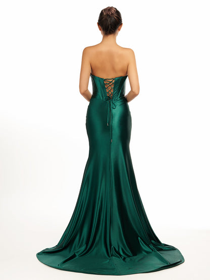 Serilda | Dark Green Strapless Sheath Satin Long Prom Dress With Split