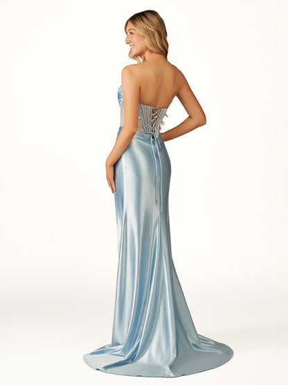 Astraea | Mermaid Strapless Blue Beaded Ruched Long Prom Dress with Slit