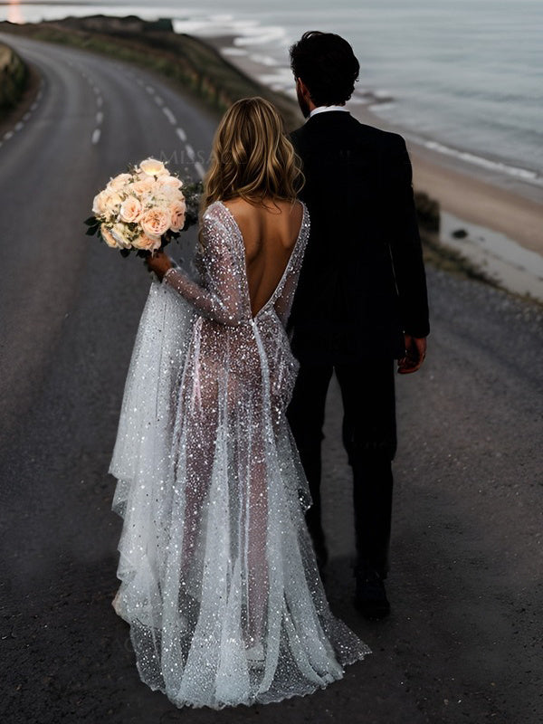 A-Line/Princess V-Neck Long Sleeves Sequins Wedding Dress