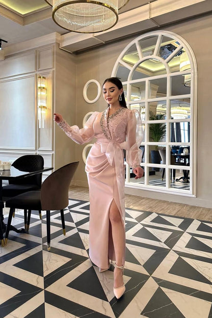 edgynewlook Charming Blushing Pink Satin Puff Long Sleeves V Neck Prom Dress with Beadings