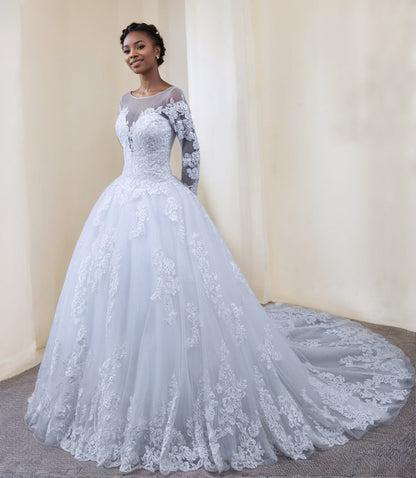 A-Line/Princess Round Neck Long Sleeves Wedding Dresses with Lace Appliques