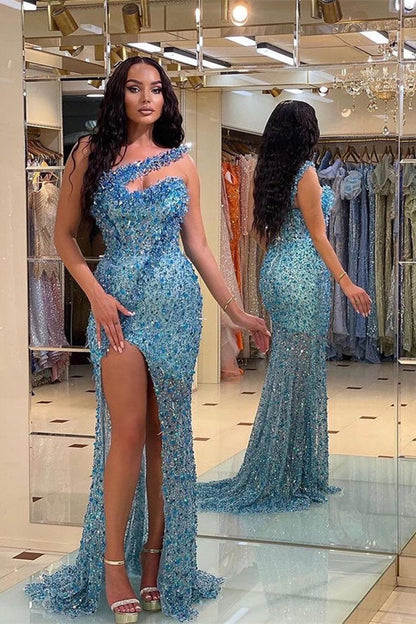 Edgynewlook Gorgeous Blue Strapless Mermaid Prom Dress Split With Beadings