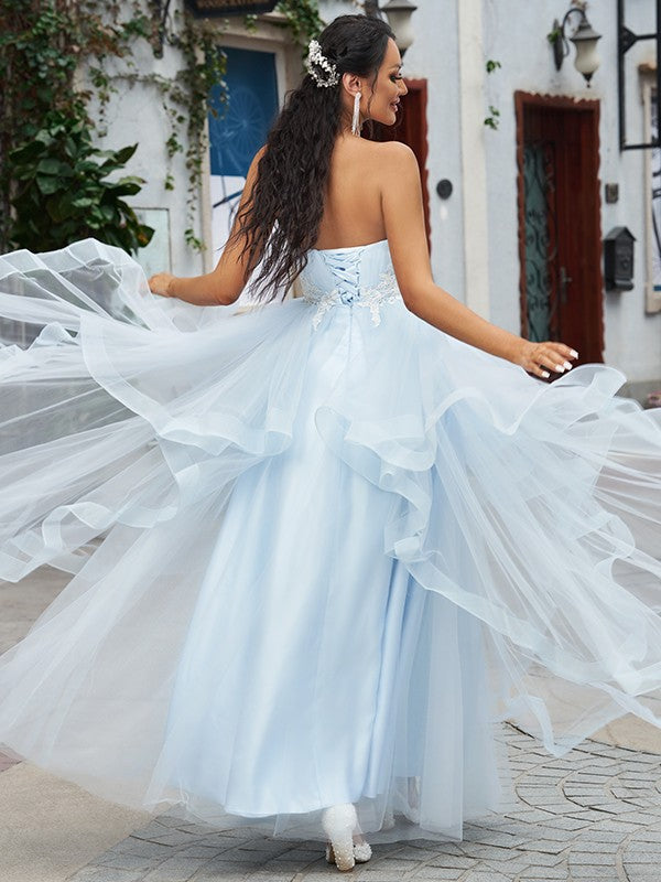 Baby Blue Tulle Prom Dress Long With Applique PD0224