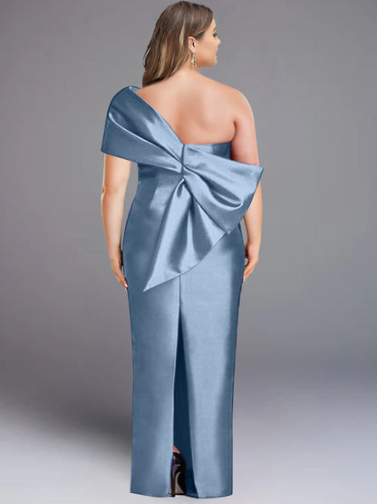 Sheath/Column One-Shoulder Sleeveless Floor-Length Plus Size Mother of the Bride Dresses with Bowknot