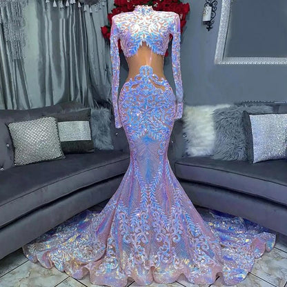 High Neck Long Sleeves Mermaid Prom Dress With Sequins Lace PD0779