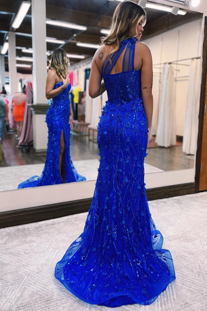 Charming Blue Evening Dress Prom Dress Sheer Straps With Slit Applique Beadings ED0548