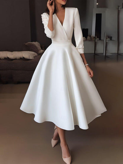 A-Line/Princess V Neck Half Sleeve Tea Length Satin Wedding Dress With Draping