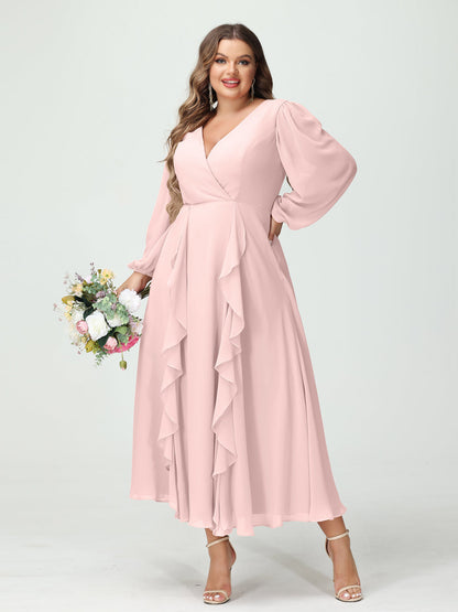 A-Line/Princess/Princess V-Neck Long Sleeves Chiffon Tea-Length Plus Size Bridesmaid Dresses with Pockets & Ruffles