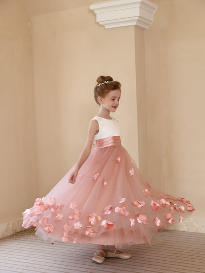 Ball-Gown Satin Tulle Scoop Sleeveless Ankle Length  Flower Girl Dresses With Flower