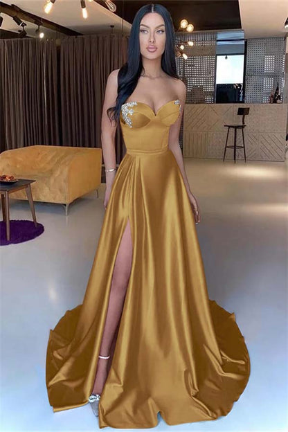 Yellow Sweetheart Mermaid Beading Prom Dress Split PD0120