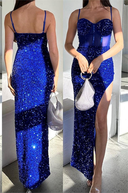 edgynewlook Exquisite Sequins Royal Blue Spaghetti Strap Sleeveless Prom Dress with Beadings