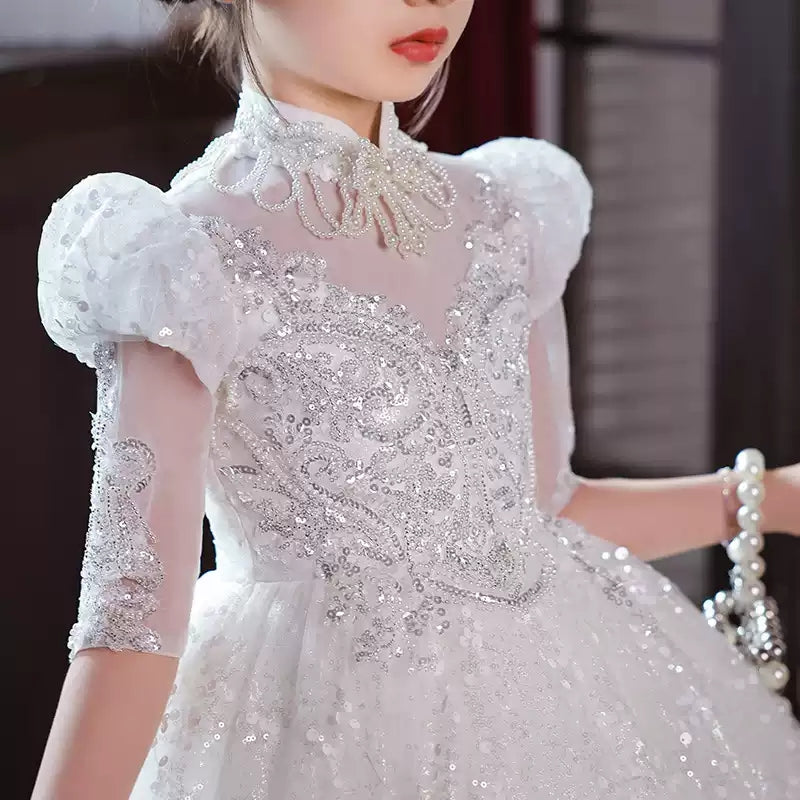 A-Line/Princess 3/4 Sleeves Flower Girl Lace Party Dress with Rhinestone Appliques