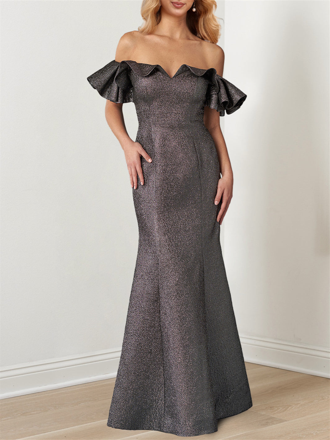 Mermaid/Trumpet Off-the-Shoulder Ruffle Sleeves Floor-Length Mother of the Bride Dresses