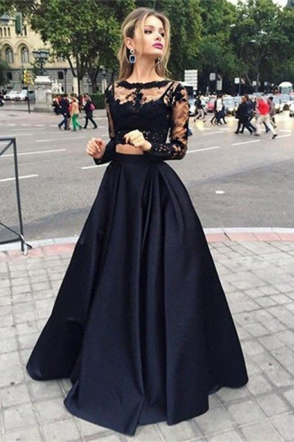 Long Sleeves Black Lace Prom Dress Two Pieces PD0169