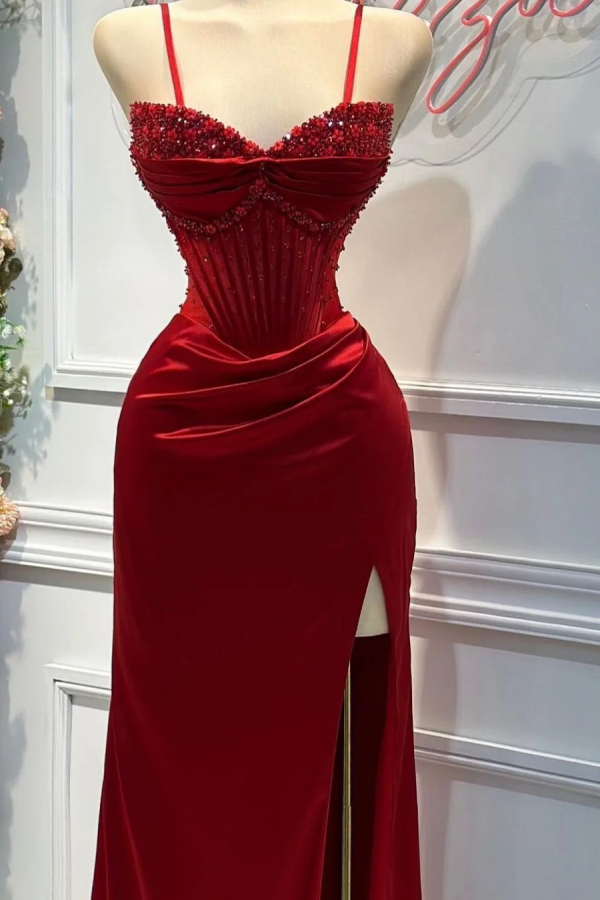 Fashion Red Spaghetti Strap Prom Dress Split Mermaid Dress LY0018