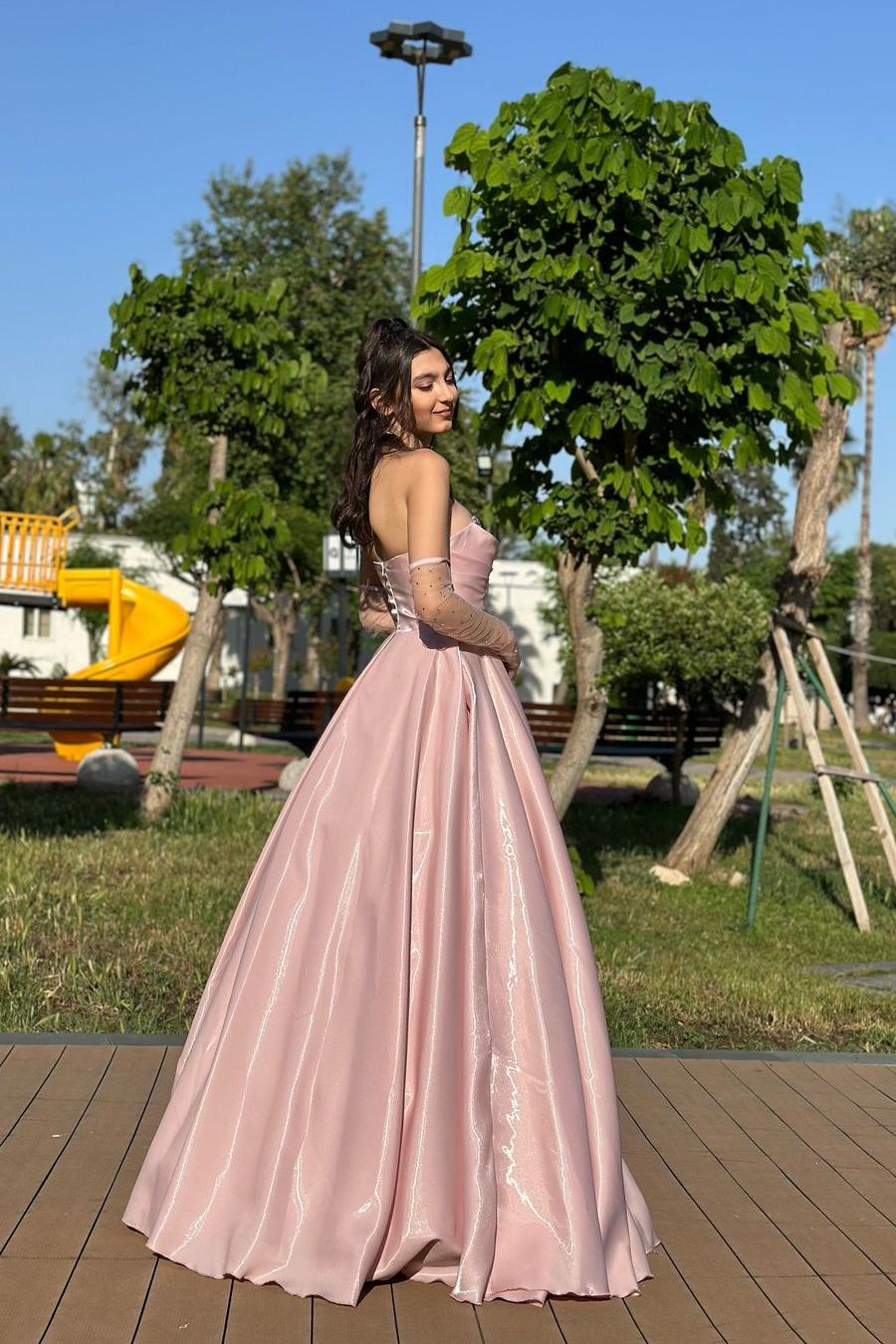 edgynewlook Stunning Pink Strapless Sleeveless Pleated Beadings Prom Dress with Gloves