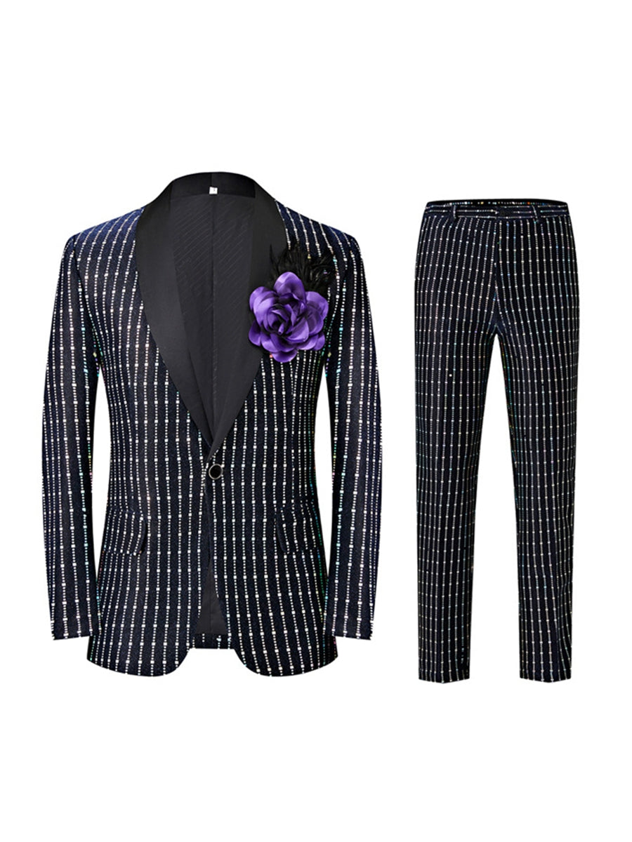 Black Retro Men's Tailored Fit Square Sequins Single Breasted One-Button Formal Party Suits