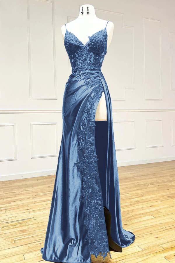 Black Lace Printed Prom Dress Long with High Slit YH0016