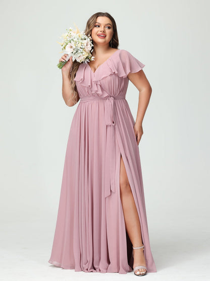 A-Line/Princess V-Neck Short Sleeves Chiffon Plus Size Bridesmaid Dresses With Pockets,Ruffles  ,Ruched & Split Side