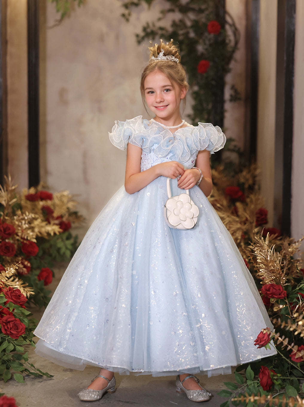 A-Line/Princess Short Sleeves Ruffled Flower Girl Party Dresses with Rhinestones