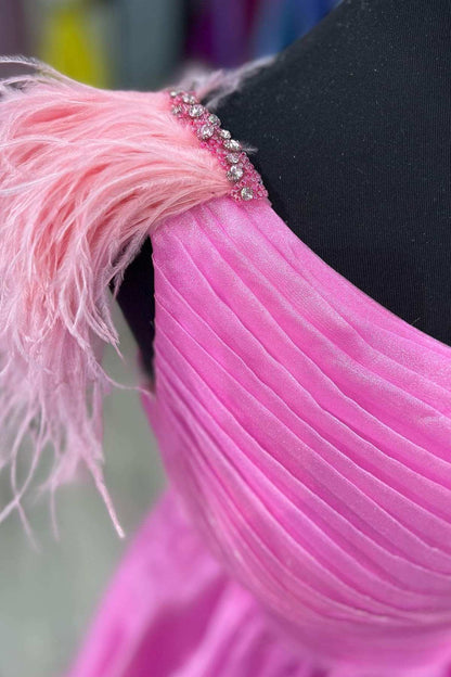 Pink Feather One-Shoulder Ruching A-Line Long Prom Dress