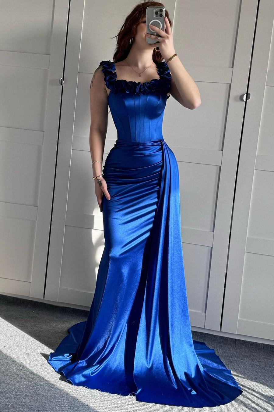 edgynewlook Stunning Royal Blue Satin Off the Shoulder Sleeveless Long Prom Dress with Pleated