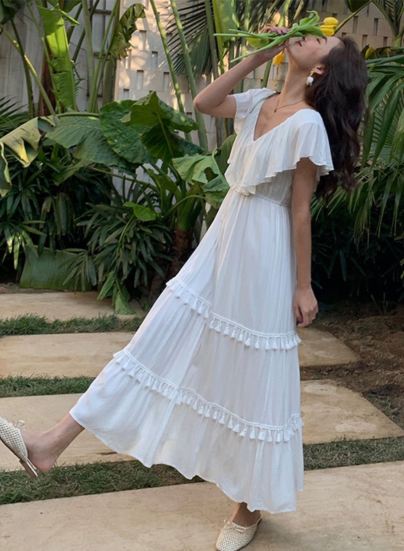 White v neck fringed dress fashion girl dress  1212