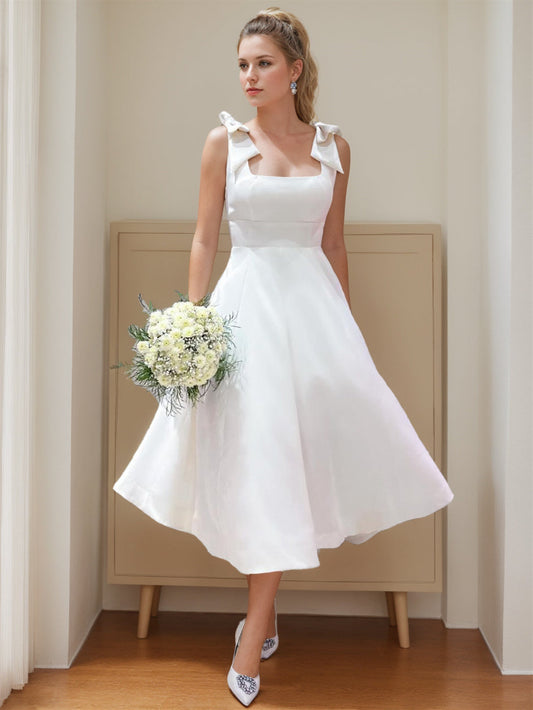 Ball Gown Square Neck Tea-length Lace Wedding Dress