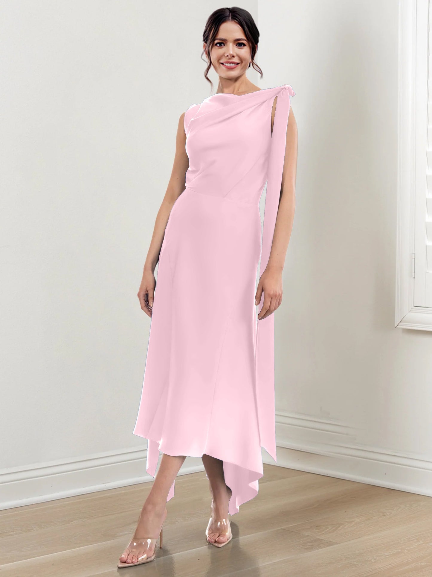 Sheath/Column Jewel Neck Tea-Length Asymmetrical Mother of the Bride Dresses with Ruched