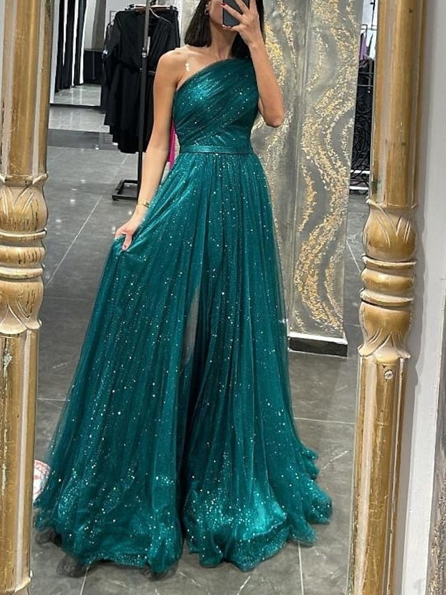 A-Line/Princess One-Shoulder Long Prom Dresses With Sequins