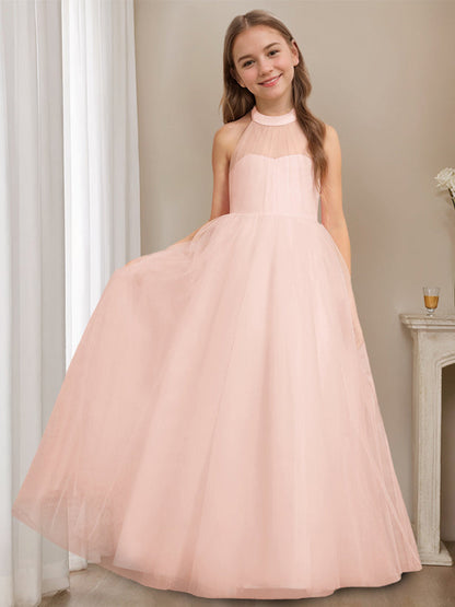 A-Line/Princess Halter Neck Sleeveless Floor-Length Flower Girl Dress with Bowknot