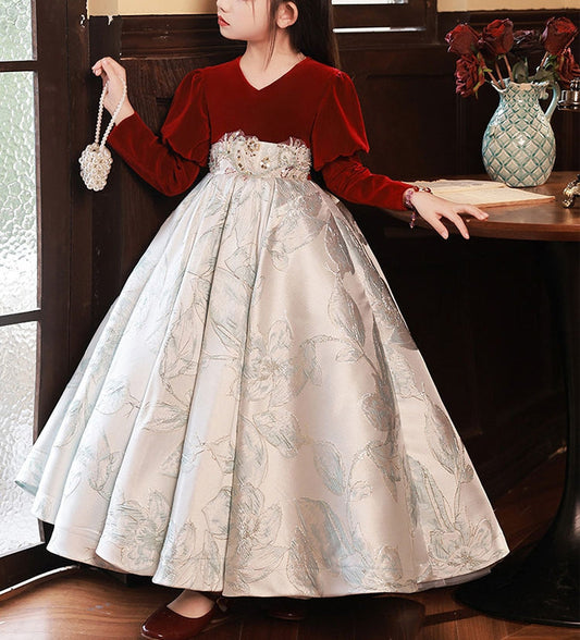 A-Line/Princess V-Neck Long Sleeves Embroidery Girl Party Dress with Appliques