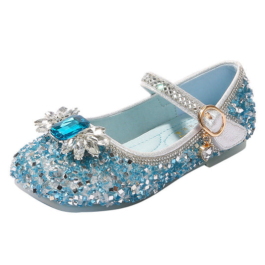 Girl's Sparkling Rhinestone Low Heel Round Toe Shoes with Bow & Velcro