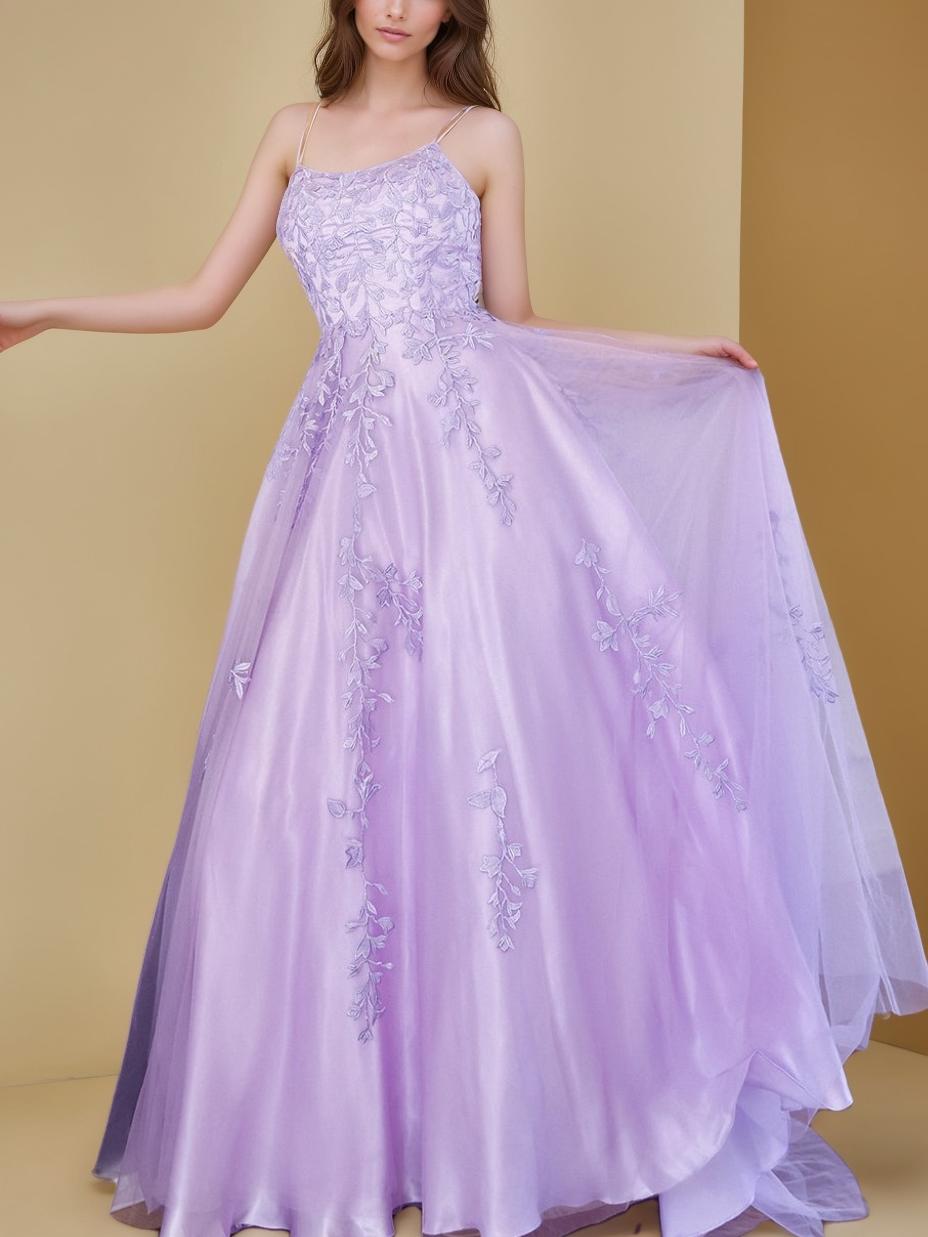 A-Line/Princess Spaghetti Straps Sleeveless Floor-Length Prom Evening Dresses with Appliques