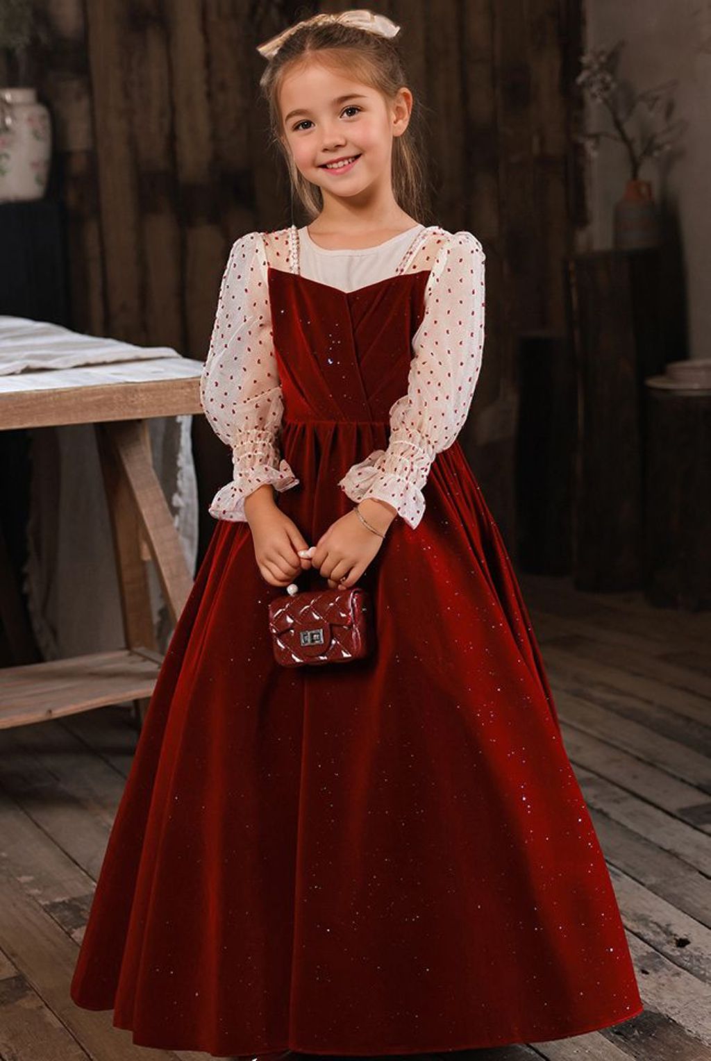 Square Neck Floor Length Princess Long Sleeves Flower Girl Dresses with Beading