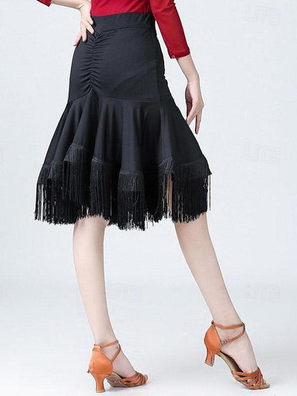 Latin Dance High Elastane  Tassel Pure Color Splicing Women's Performance Training Dance Skirts