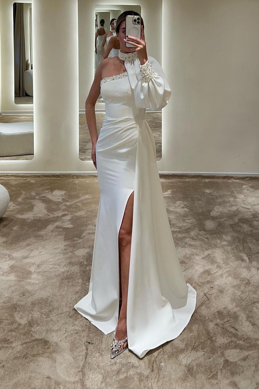 edgynewlook Chic White Satin Long Sleeves High Neck One Shoulder Long Split Prom Dress with Beadings