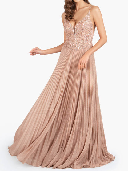 Elizabeth | Rose Pink A-line Floor Length Glitter Jersey Prom Dress with Appliques and Sequins