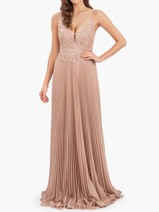 Elizabeth | Rose Pink A-line Floor Length Glitter Jersey Prom Dress with Appliques and Sequins